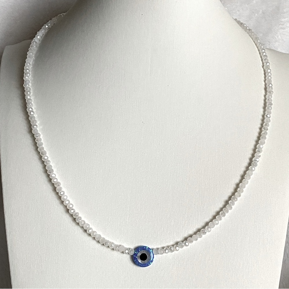 Crystal opal evil eye sterling silver necklace